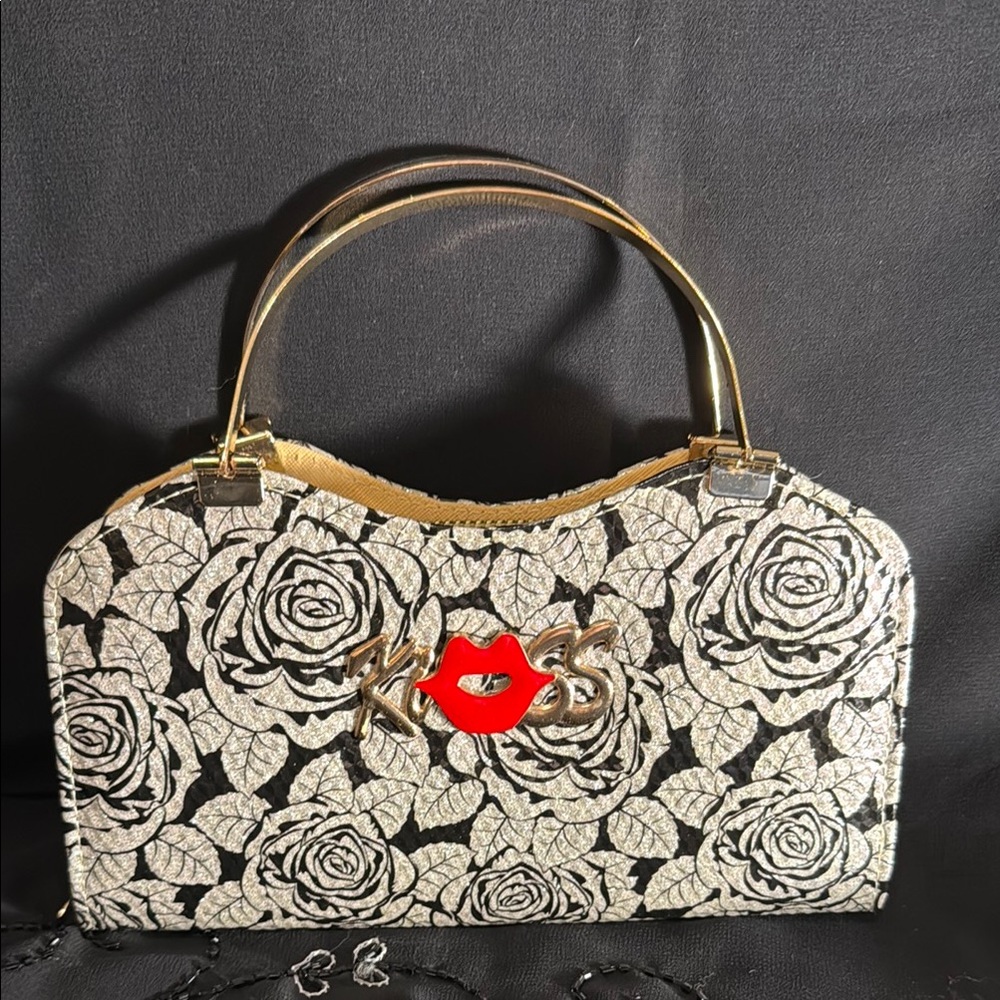 Kiss Black and Silver  Floral Handbag with Goldtone Accents